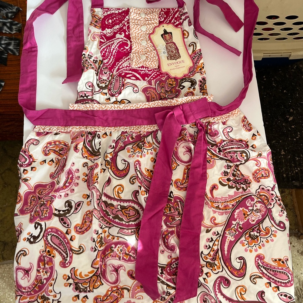 Simply ENVOGUE Full Apron Bib Cotton Paisley Pink Orange Kitchen Impressions NWT - Picture 9 of 11